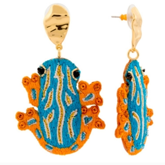 🐸🔹️Mignonne Gavigan 🔹️jules Beaded Frog Blue Multi DropEarrings